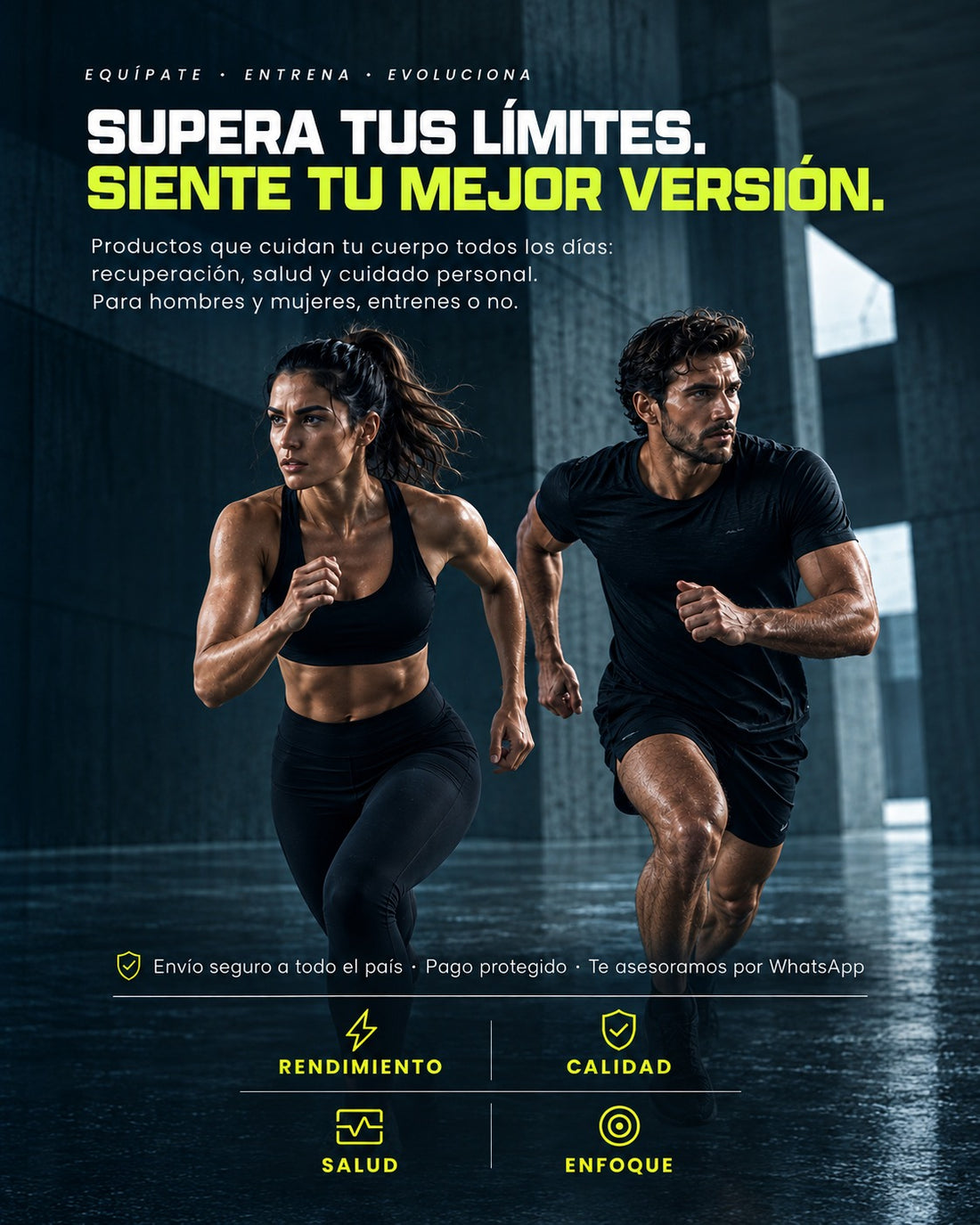 Arka: supera tus limites, siente tu mejor version. Mujer y hombre corriendo.