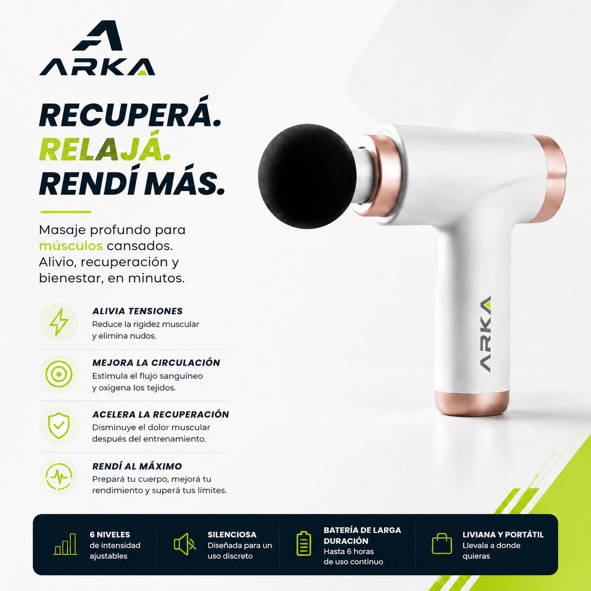 Beneficios de la pistola masajeadora Arka: 6 niveles, silenciosa, 6 horas de batería, liviana